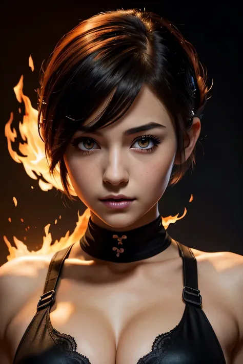 最high quality, 1 girl, (Dakotsky:1.0), black eye, pixie cut, (big breasts), cleavage、blush, ho､(((black background)))、masterpiece, 最high quality, high quality, High resolution､fiery, surrounded by flames, dota2 fire girl style, (((close up of face)))