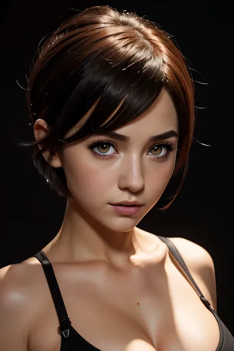 最high quality, 1 girl, (Dakotsky:1.0), black eye, pixie cut, (big breasts), cleavage、blush, ho､(((black background)))、masterpiece, 最high quality, high quality, High resolution､fiery, surrounded by flames, dota2 fire girl style, (((close up of face)))