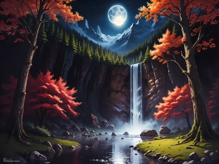 Super detailed and sharp painting of a waterfall with a full moon in the forest at night, an old red tree