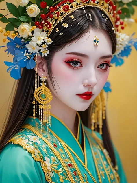 (masterpiece, best quality:1.2),1 girl,beautiful，portrait，look at camera，landscape on hair，a bouquet of flowers，landscape，hanfu，...