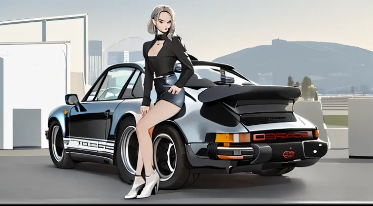 1girl posing next to a porsche 911