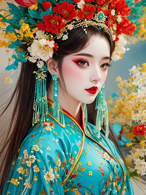 (masterpiece, best quality:1.2),1 girl,beautiful，portrait，look at camera，landscape on hair，A bouquet of flowers，landscape，Hanfu，Skin details， alone，Chinese Peking Opera，Gorgeous costumes，Exquisite headdress，flower headdress，tassel，pearl，clean background，bl...