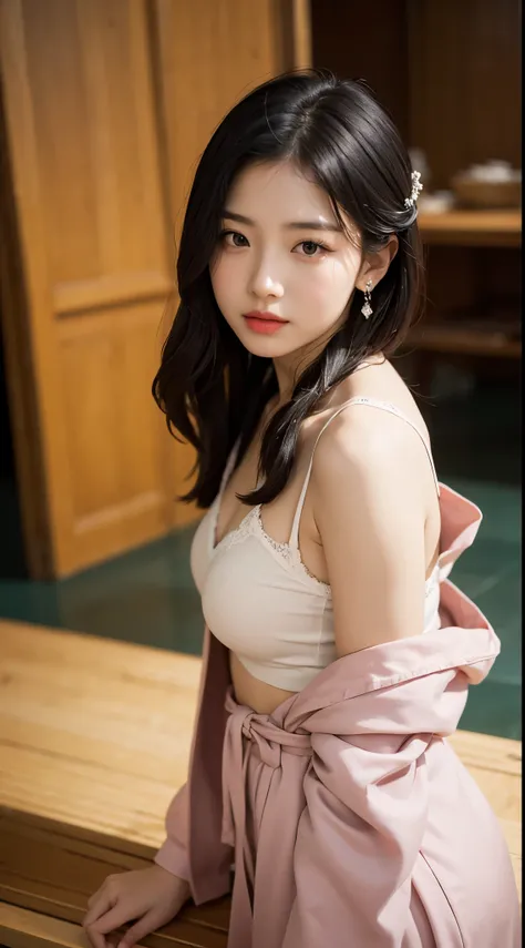 1 real beautiful girl, 齐腰long hair, black eyes, ancient Ao Dai, style hanfu, wearing a thin silk shirt of ancient China, Pink and white skin, Wearing a low-key ancient style long coat, Shoulders and head appear in the photo,cute little face, Eye bags under...