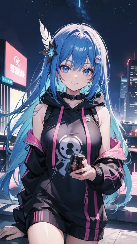 (masutepiece), Best Quality, 超A high resolution,, Cyberpunk 1 girl flies over stunning cityscapes ,Hoodie,Blue hair, neon color流れ星, Very long hair, off shoulders, feathers hair ornament, neon color, flashes, stunning night sky, Cinematic lighting, Photorea...