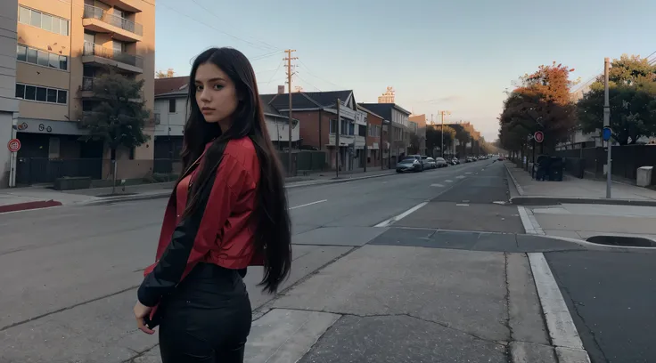 Red Jacket, beatiful girl, blue long hair, black colored shirt, black pants.