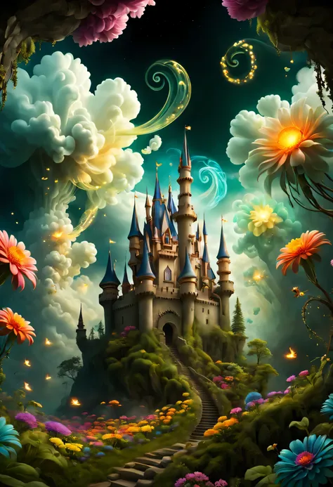 (((masterpiece))), (((highest quality))), ((Complex)), ((surreal)), (Swirling clouds and colorful flowers), (Forest Fireflies Fantasy Castle Kingdom), beautiful background, particles of light, Light of the sun, dramatic lighting, cinematic lighting, (midni...