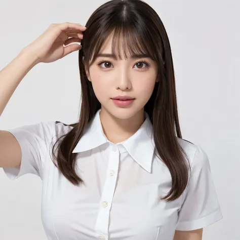 (highest quality、table top、8k、best image quality、Award-winning work)、one cute high school girl、(solo:1.1)、straight medium hair、perfect bangs、(Perfect short sleeve collared polyester shirt:1.1)、(Polyester shirt with pointed collar:1.1)、(The perfect and most...