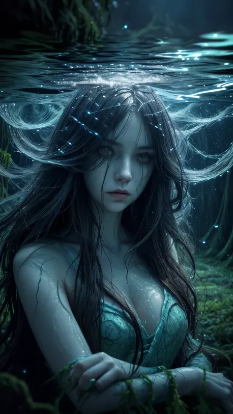 zrpgstyle, from_side from_below beautiful scary woman made of water (sadness expression:1.2) woman with (long water hair:1.2) rising out of the water moss smoke vines churning water fireflies midnight moonlight backlight (masterpiece:1.2) (best quality) (d...