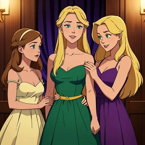 Three girls press their cheeks to each other and smile. The first girl with waist-length brown hair and green eyes. The second has shoulder-length blond hair and green eyes.. The third has blue eyes and shoulder-length blonde hair., with a purple tint. All...