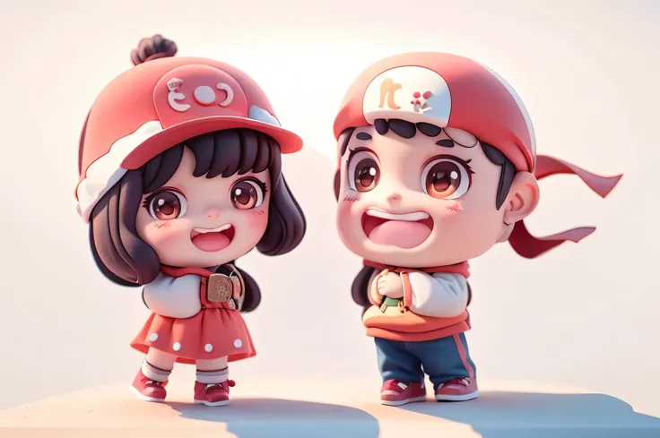 wearing a red hat、Cartoon boy and girl in red, cute cartoon, cute cartoon，photographer&#39;Light，自然Light，3d rendering，c4d，OC rendering，White background，minimalist background，best quality，masterpiece，best quality，chibi，8k