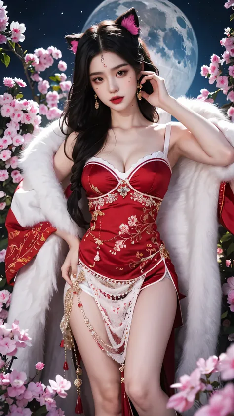 ahri_cosplay,white tails, black long hair, yellow eyes, ((knee shot)), red lips, a mature woman, exquisite makeup, national styl...