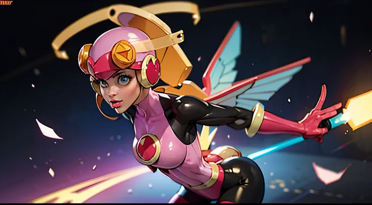 1 supersexy girl wear a roll.exe bodysuit, mechanical wings, space war background, pink aura body, pink helmet, yellow antenna o...