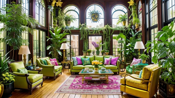 《architectural digest》minimalist green photos {vaporwave/Steampunk/solarpunk} Living room with many flowers and plants, golden light, Surrealism Surrealism, Award-winning masterpiece，The details are incredible, epic shock