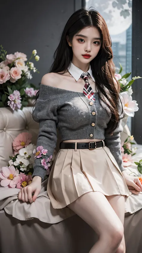 dating attire, sweater jacket, necktie, collared shirt, brown skirt, belt, ((knee shot)), ((off shoulder clothes)), red lips, a ...