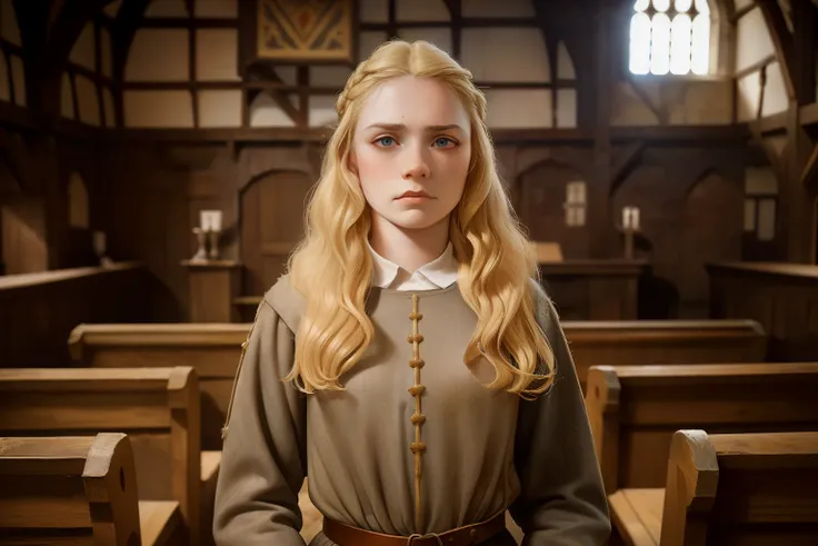 England, 1327. A young ((((18-year-old)) Gwenda)), strong, rustic, freckles all over her face, standing in the lord audience room, ((furious expression)). ((((clothings from the 1300s)))), ((blond hairstyle of the 1300s))