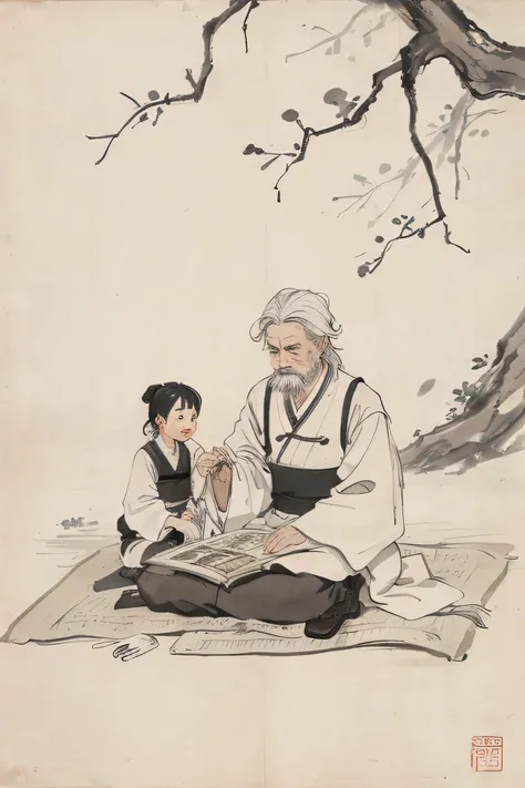 （masterpiece，best quality：1.2），Chinese traditional ink painting，An old man is introducing herbal medicine to his children，sitting under a big tree