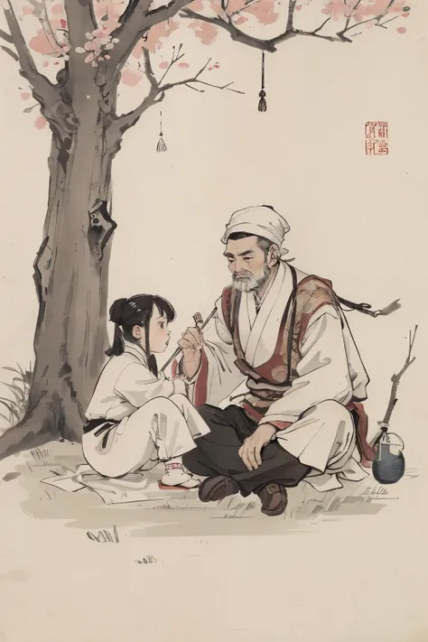 （masterpiece，best quality：1.2），Chinese traditional ink painting，An old man is introducing herbal medicine to a child，Sit under a big tree