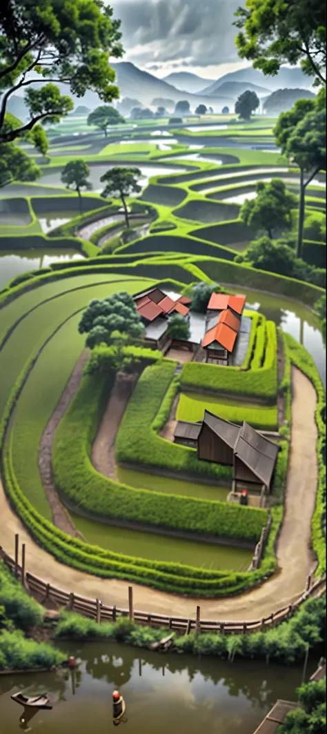 highres,rich details,
from_above,
masterpiece,tanaji,highly saturated colors,longsheng terrace,(((country road))),agrt,((rice paddy)),rain,rainy days,lush vegetation,forest,