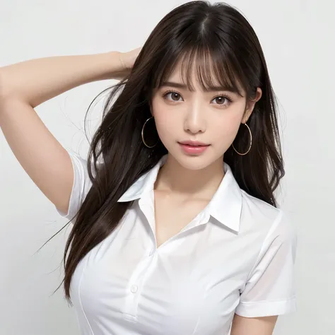 (highest quality、table top、8k、best image quality、Award-winning work)、one cute high school girl、(solo:1.1)、straight medium hair、perfect bangs、(Perfect short sleeve collared polyester shirt:1.1)、(Polyester shirt with pointed collar:1.1)、(The simplest pure wh...