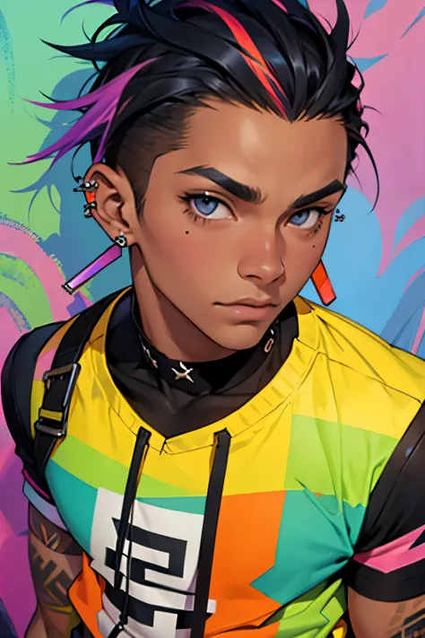 guy, tan skin, punk outfit, face piercings, black hair with rainbow streaks, short, twink