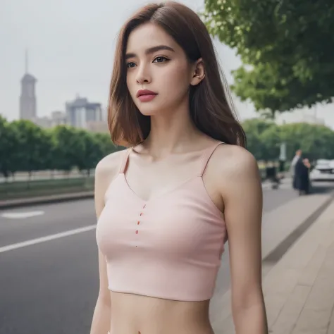 ((realistic lighting, highest quality, 8k, masterpiece: 1.3)), clear focus: 1.2, 1 girl, perfect figure: 1.4, slim abs: 1.1,looking far away,whole body,show me your stomach,Navel exposure, ((dark brown hair)), (pink crop top: 1.4), (outdoors, clear sky: 1....