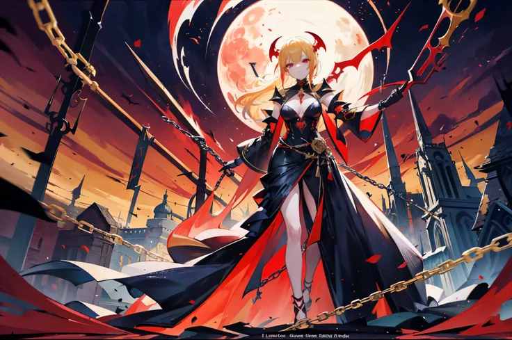 yellow haired devil, Chain sickle, Sexy clothing, red eyes,, Red moon and blue rose, Fantasy background long dress，golden armor，poster，vampire，glowing eyes，glowing eyes，epic，outstanding