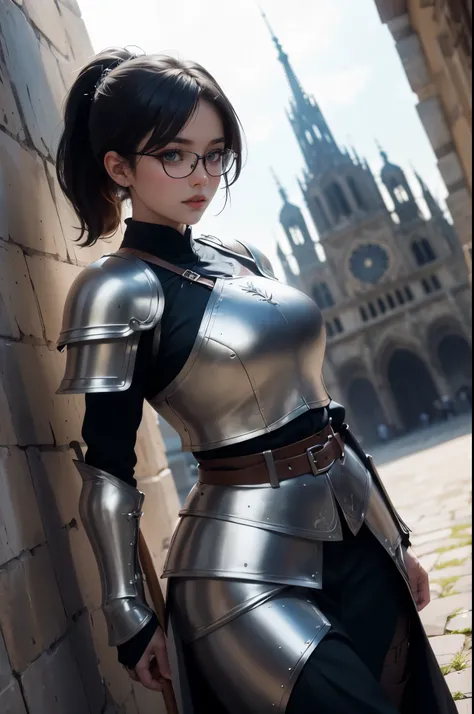 ((wide angle shot of the Hundred Years War in France)), a beautiful woman, black hair in a ponytail, bangs, wearing glasses, wearing Jeanne dArc armor