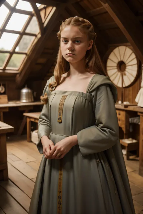 England, 1337. A young ((((20-year-old)) Caris Wooler)), attractive, expressive eyes, inside a dome workshop, ((((angry expression)))). ((((clothings from the 1300s, gown)))), ((light chestnut hairstyle of the 1300s))