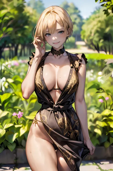 ((highest quality、8k、masterpiece、realistic:1.4、fine-grained、beautiful and detailed)), (gold foil, intricate paisley pattern, Delicate finish, (Black fabric:1.4), maid dress:1.5), (pixie cut, beautiful hairstyle, platinum blonde hair:1.5)、clear, fine-graine...