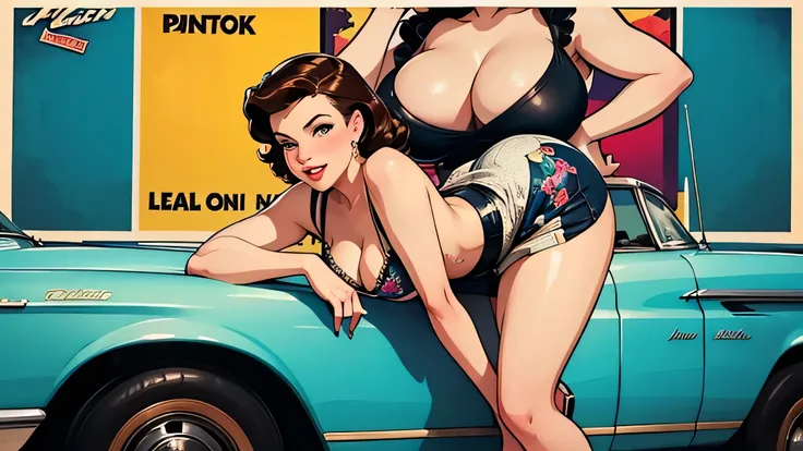 a close up of a woman leaning on a car with a wren, pin-up poster girl, girl pinup, pinup art, pin up, pinup girl, pin-up, pin - up, pin up girl, vintage pin up, pin up style poster, pinup, gil elvgren style, pin - up girl, pinup model, glossy old advertis...