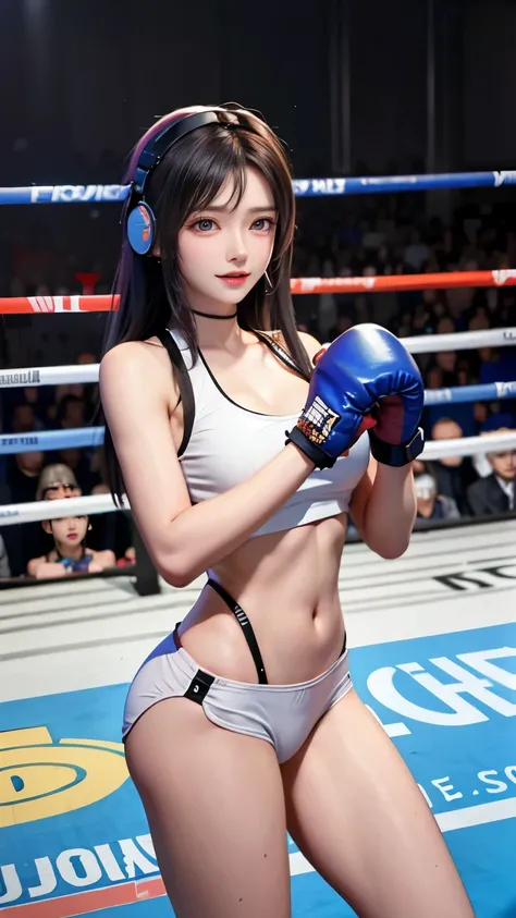 girl in sportswear、Supermodel、perfect shape、、sports girls、beautiful feet、coat、cyber punk、headphone、Innocent face、A beautiful girl in sportswear punches a man with a smile、boxing match