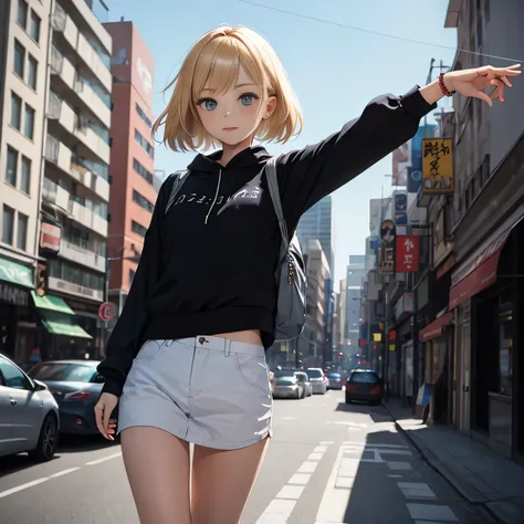 Girl with blonde hair and blue eyes、run through、cityscape