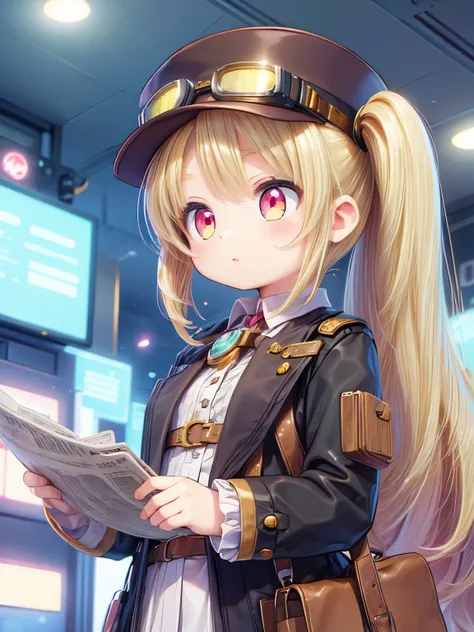 (masterpiece:1.2) , (best quality:1.2) , (ultra-detailed:1.2), 2.5D,extremely detailed,anime,girl,blonde hair,side ponytail,BREAK,red eyes,BREAK,A steampunk illustration of a city with a newspaper-selling girl wearing a hat and goggles