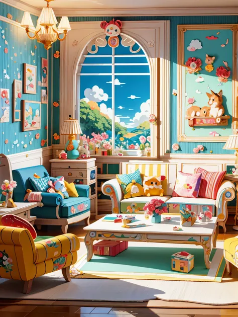 (masterpiece, best quality:1.2), 3d paper cut style，Cartoon，cute，(Living room paper cutting art)，俏皮cute的房间装饰，(paper art furniture)，(Sofa made from folded and decoupage paper，chairs and tables)，Whimsical patterns，(The walls are decorated with animals，flower...