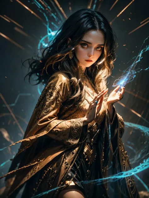 a young sorceress stands poised with one hand raised, her fingers delicately weaving intricate patterns in the air as she channe...