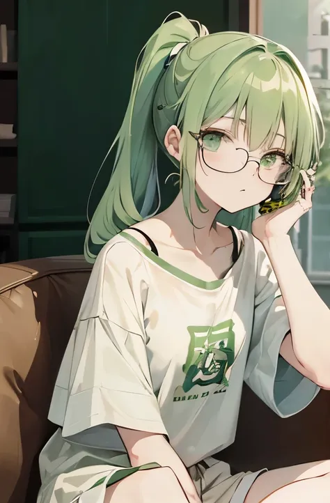 light green middle hair、pale green eyes、ponytail、private server、short sleeve shorts pajamas、one&#39;s home、sitting sideways、small breasts、sigh、glasses、indoor、arms folded behind one&#39;s back、calling on mobile phone、has a disgusting look、