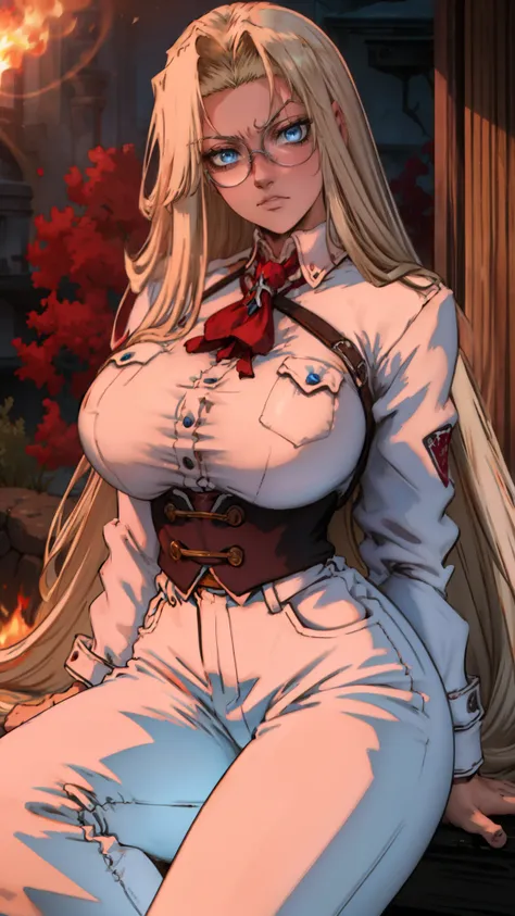 masterpiece, best quality, integr hellsing, integra, 1girl, solo, white pants, long sleeves , sitting, campfire, warm lighting , , annoyed, head tilt, looking to the side, gigantic breasts, breast focus,  boob window, bare breasts, arms at side, arms behin...