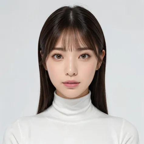 (highest quality、table top、8k、best image quality、Award-winning work)、one cute high school girl、(solo:1.1)、straight medium hair、perfect bangs、(Perfect see-through turtleneck knit:1.3)、(The simplest pure white background:1.3)、(Perfectly fixed to the front:1....