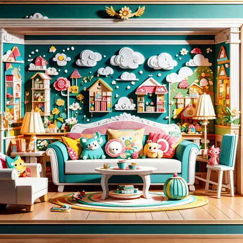 3d paper cut style，Cartoon，cute，(Living room paper cutting art)，俏皮cute的房间装饰，(paper art furniture)，(Sofa made from folded and decoupage paper，chairs and tables)，Whimsical patterns，(The walls are decorated with animals，flowers，风景等纸艺Cartoon画)，Lively and joyfu...