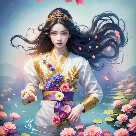 32k（masterpiece，HD，Ultra high quality，32k）long flowing black hair，The gold jewelry area in the back room，Smoke Ring Girl ，Lotus flowers flying （realistically：1.4），carp pattern robe，Purple pink tiara，Pear blossoms fluttering，The background is very pure，Hold...