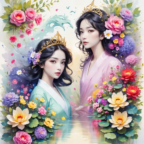 32k（masterpiece，HD，Ultra high quality，32k）long flowing black hair，The gold jewelry area in the back room，Smoke Ring Girl ，Lotus flowers flying （realistically：1.4），carp pattern robe，Purple pink tiara，Pear blossoms fluttering，The background is very pure，Hold...