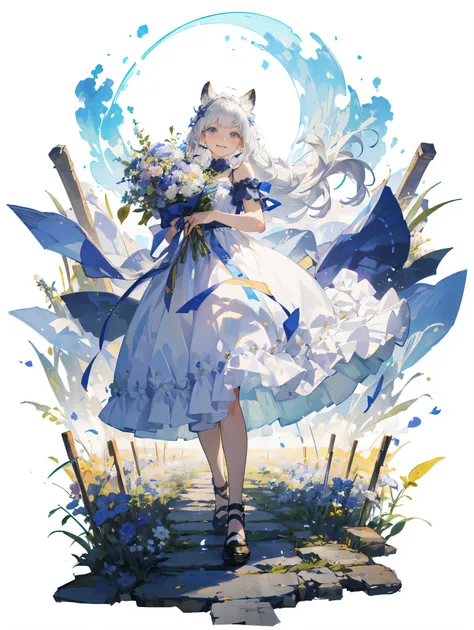 (masterpiece、highest quality、enlightenment、very high quality、High level image quality、Very sensitive writing)A girl with long silver hair standing in a beautiful flower field、slight smile、beast ears，stand on one&#39;my feet，，she has a big bouquet、nice dres...