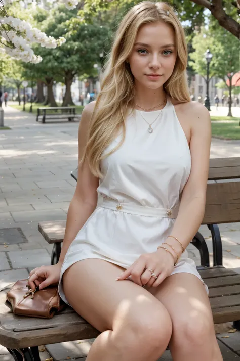 A beautiful, blonde, elegant girl who receives a piece of jewellery from her husband. They sit on a park bench on a sunny spring day. He puts this ring on her finger