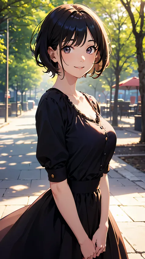 highest quality, detailed face, 1 girl, middle chest, smile, casual dress, (attractive, puffy eyes:1.2), excellent anatomy, looking at the viewer, soft focus, golden hour lighting, Depth of the bounds written, happy expression, short cut hair, outdoors, (p...