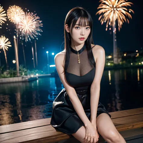 full body portrait, 8K quality, masterpiece, live action, real human emotions, realistic skin texture, natural skin, Natural big breasts that sag slightly due to gravity, cleavage, In front of the huge spherical fish tank at the aquarium at night (firework...