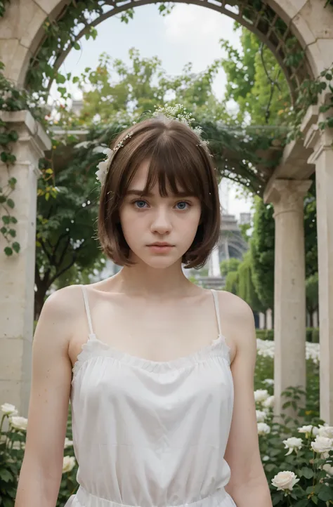 (best quality,hyper-realistic,ultra-detailed,8k), teenager, fifteen years old, shy, sad, paleness, big blue eyes, very white skin, small nose, short brown hair with bangs, melancholy, delicate, feminine, garden of thousand white roses, Eiffel tower, school...