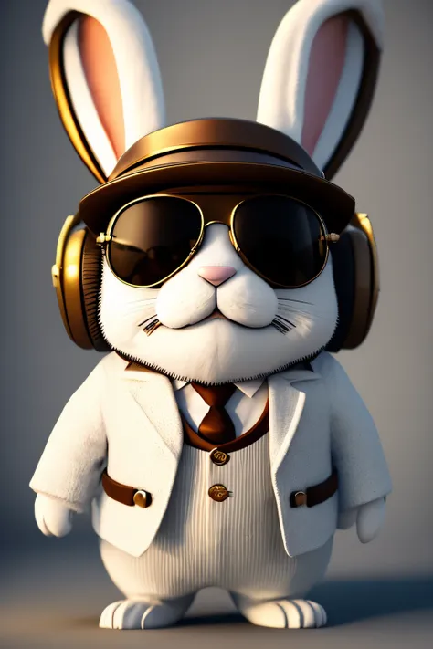 Close-up of rabbit wearing sunglasses and hat, an Anthropomorphic gangster rabbit, Anthropomorphic gangster rabbit, Rabbit King, MapleStory Rabbit, Steampunk rabbit, Profile picture 1024px, Rabbit with crown, mr beast, 8K CG 渲染,(white background)
