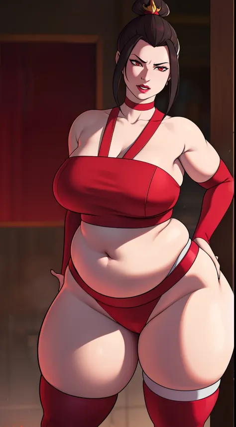 chubby azula. big breasts. huge hips. chubby belly, coiling hair. choker. dark red fire nation robes. dance. thigh-high boots. g...