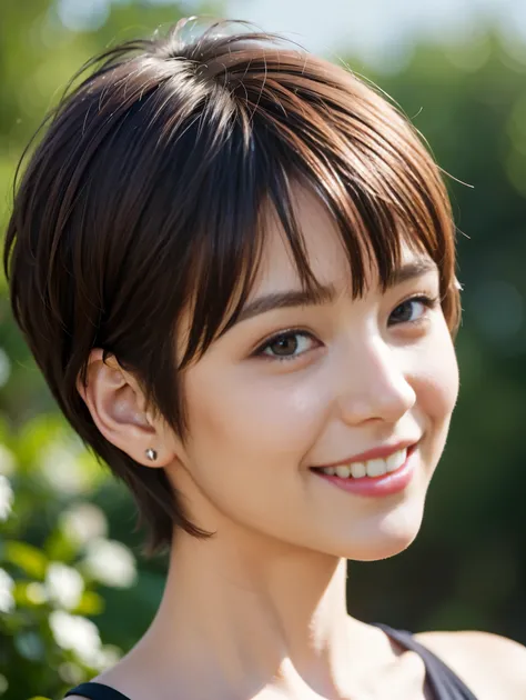 Pixie cut as short hair,brown hair and smile 