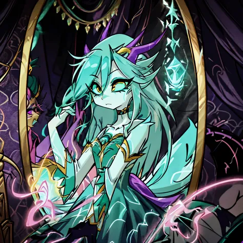 Radiating an aura of dark allure, the trans female demon hellborn embodies the essence of an underworld deity. Her captivating appearance merges a mesmerizing color palette of Dark Purple, Bright Pink, Yellow, Turquoise, and Teal Green, creating a visual s...